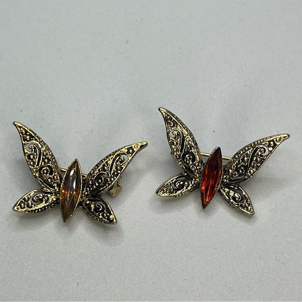 Vintage Butterfly Brooch Pair, Ornate Filigree & Amber Glass, Bundle Set 90s Y2K